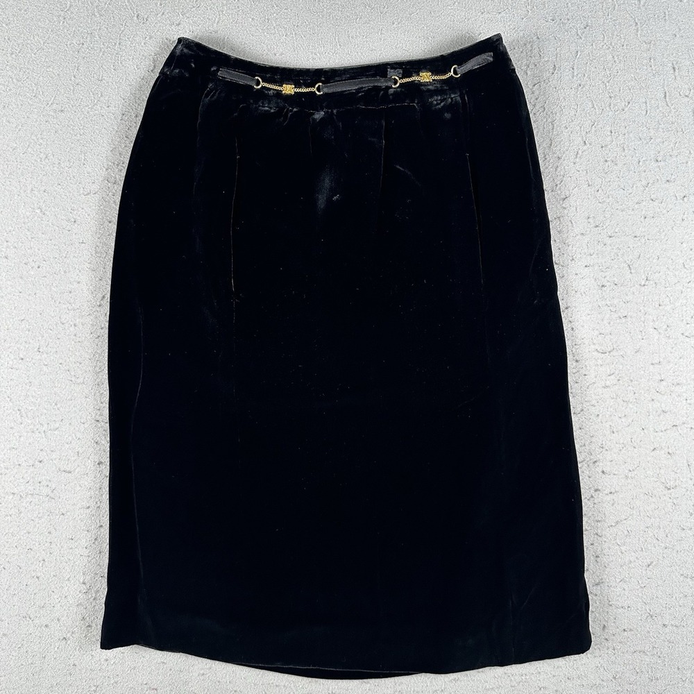 Vintage Celine Skirt Women's 43 Black Velvet‎ Gold Chain Accent Midi A-Line